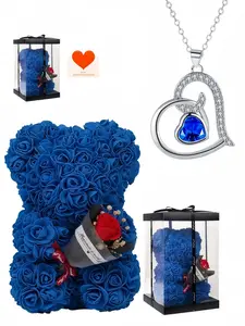 Blue Heart Whisper Original luxury heart-shaped gem necklace with elegant blue tone.Comes with a preserved rose teddy bear gift box, a charming gift for birthdays, Valentine's Day, Mother's Day and Christmas.