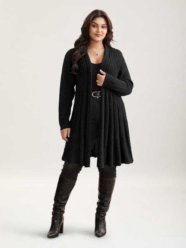 BLOOMCHIC Gray Plain Textured Kimono Collar Long Sleeve Fitted Cardigan for Women Winter Casual Everyday Style Minimalist OL Cut-Out Design Loose Fit Basic Knitwear Tunic Black Womenswear