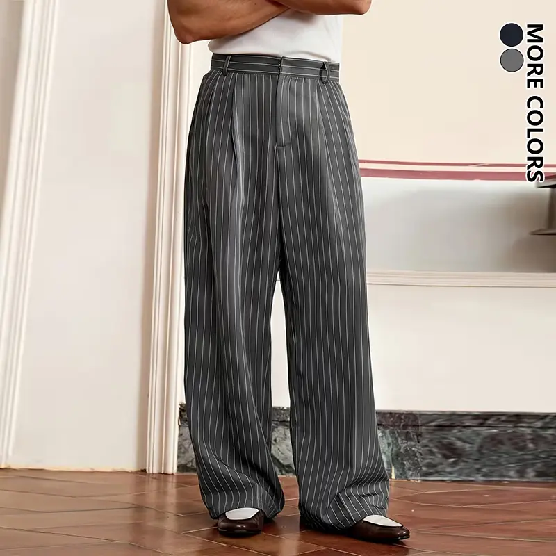 Men's Trendy Striped Straight Leg Casual Trousers Classic Business Style Versatile All Day Long Pants Suitable for Daily Leisure and Casual Outings