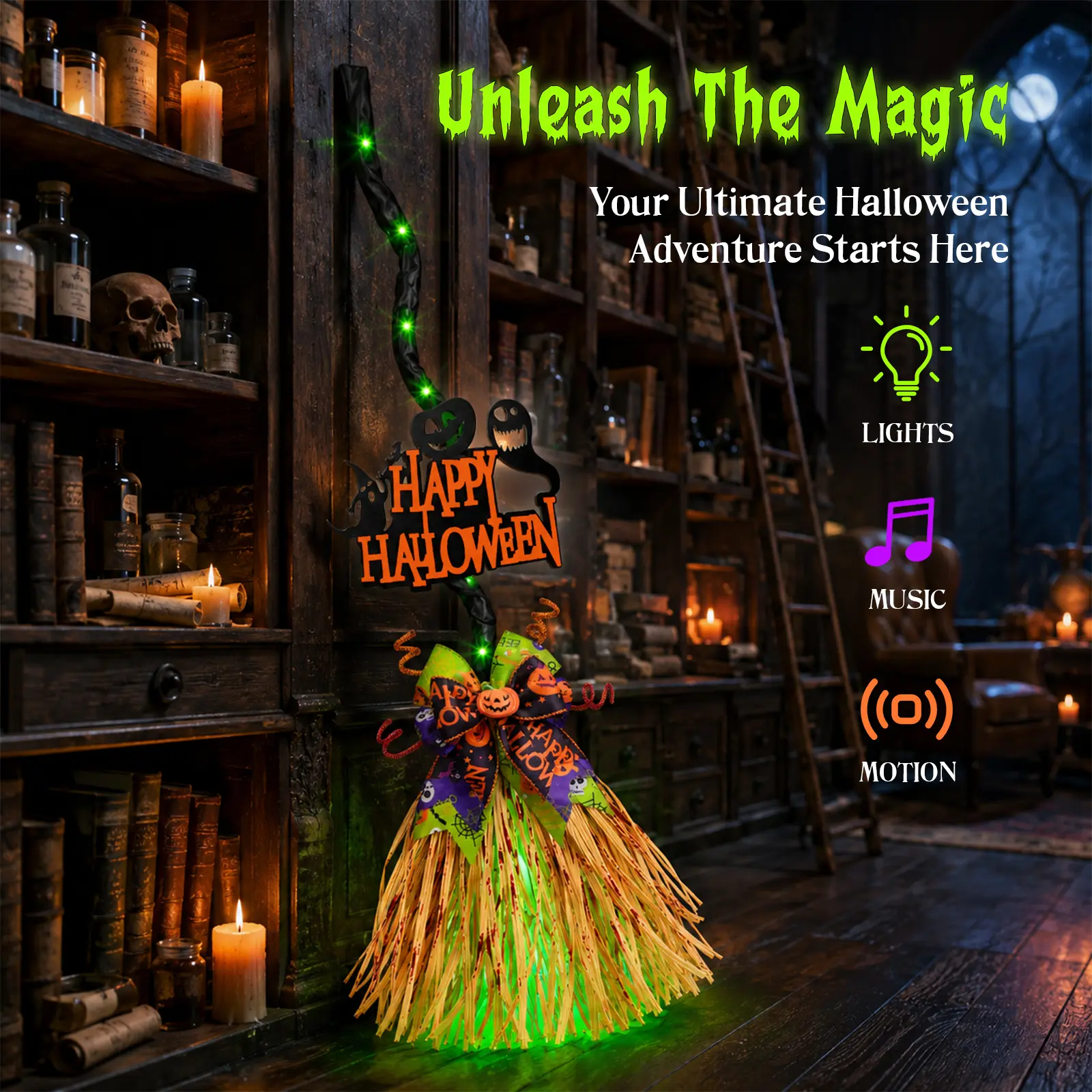 LED Glowing Motion-Activated Musical Raffia Witch Broom with Bow & Halloween Lettering, Blood-Stain-Inspired Tassels, Indoor-Outdoor Halloween Party Ornament, Spooky Festive Holiday Home Supplies Gift