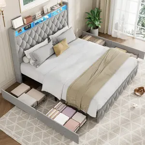 King Bed Frame with Charging Station & LED Lights - 50.8" Velvet Headboard,4 Storage Drawers,No Box Spring,Gray