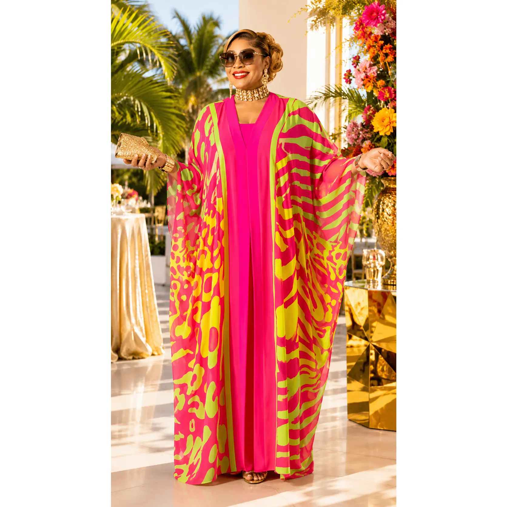 Pretty in Pink Rhinestone Draped Chiffon Kaftan 3-Piece Pants Set for Party Birthday Cocktail Reception Dinner Ladies Night Resort Wedding Guest