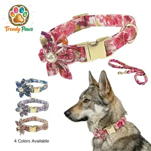 Floral Engraved Dog Collar with Leash, Personalized Metal Buckle for Medium Large Dogs