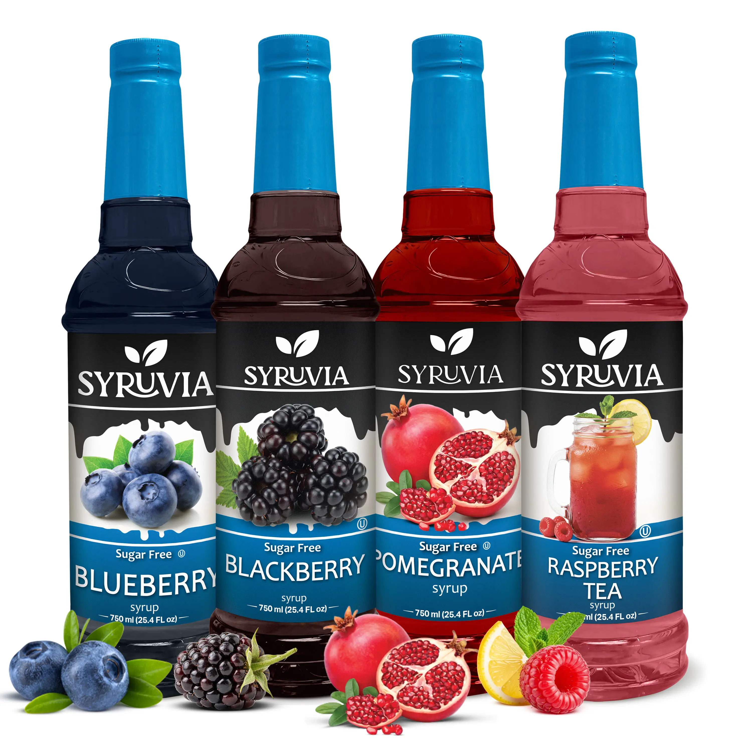 Syruvia Sugar Free Fruity Syrup Variety Pack – Blueberry, Blackberry, Pomegranate & Raspberry Tea Flavors – Gluten-Free, Kosher, 25.4 fl oz Bottles – Perfect for Refreshing Drinks & More (4-Pack)