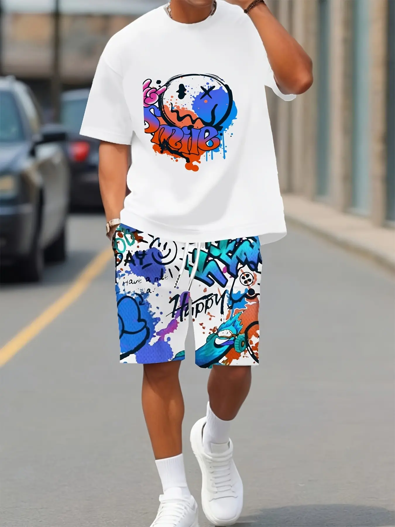 Men's Summer Casual Sport Set, Outfit, Fashion, Menswear, Clothes, Letter Print Tee and Shorts, Knit, 3D Printed, Breathable Polyester, Lightweight, Outdoor Activities