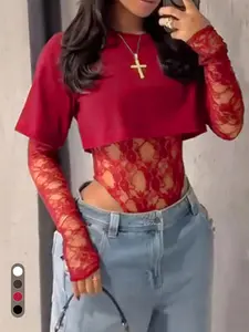 Women's Sexy Sheer Lace Short Sleeve Crop Top, Solid Color Lace Patchwork See-Through Sexy Bodysuit For Daily Wear, Dating, Single Party, Stage Performance, Spring/Summer Black Elegant