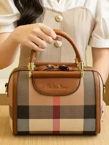 Large Capacity Fashion Boston Shoulder Bag, Luxurious Handbag, Plaid Crossbody Bag, British Style Cylinder Bag, Classic Quilted Patchwork, Leather Handbags