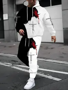 Men's 3D Print Casual Sportswear, Streetwear Tracksuit Set, Long Sleeve Hoodie & Pants, Polyester Blend, Ideal for Gym & Training