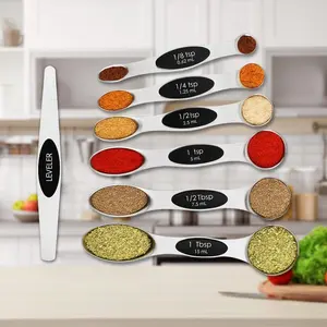 Measuring Set with N45 Magnets, Stainless, Fits in Most Spice Jars for Baking & Cooking, BPA Free, Set of 7 with Leveler, Black