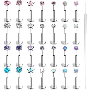 20G 18G 16G Threadless Nose Rings Studs Flat Back Earrings Surgical Stainless Steel Opal Nose Rings Stud Tragus Helix Conch Cartilage Earrings Piercing Jewelry For Women Men Hypoallergenic