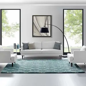 Modway Solvea Moroccan Trellis 8x10 Shag Area Rug in Aqua Blue and Ivory