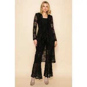 Vocal Elegant Sheer Ruffle Neck Lace Cardigan - Black