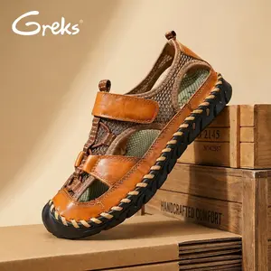 GREKS Men's Outdoor Sandals - Adjustable Strap, Toe Protection, Mesh Upper, Brown & Black, Summer Comfort Breathable Shoes