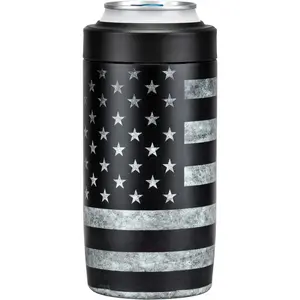 4-in-1 Slim Can Cooler Easy to Hold Insulated Beer Can Holder Double-Walled Stainless Steel for All 12 Oz Cans Black America Flag