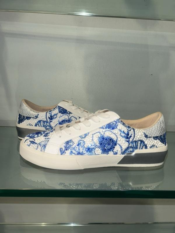 Betsey Johnson White Platform Sneakers with Blue Crystal-Inspired Detailing for Everyday Wear and Brunch Outings