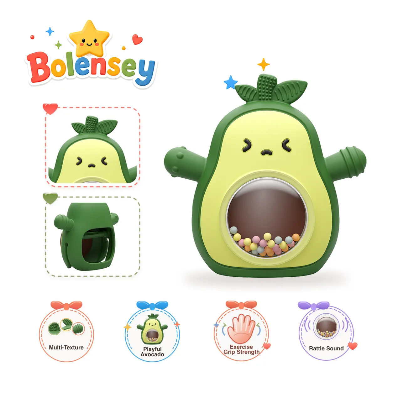 Bolensey Montessori Avocado Rattle Teether, Food-Grade Silicone Baby Teething Toy with Textured Leaf & Arms, Easy-Grip Back Ring, Detachable ABS Bead Rattle, Sensory Development, Grip Exercise, Color Cognition, BPA-Free, for Babies 0-12 Months