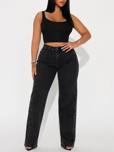 Women's Straight Leg Jeans with Rhinestone Embellishment Black Wash Premium Stretch Denim Stylish Comfortable Everyday Wear - Womenswear, Bottom
