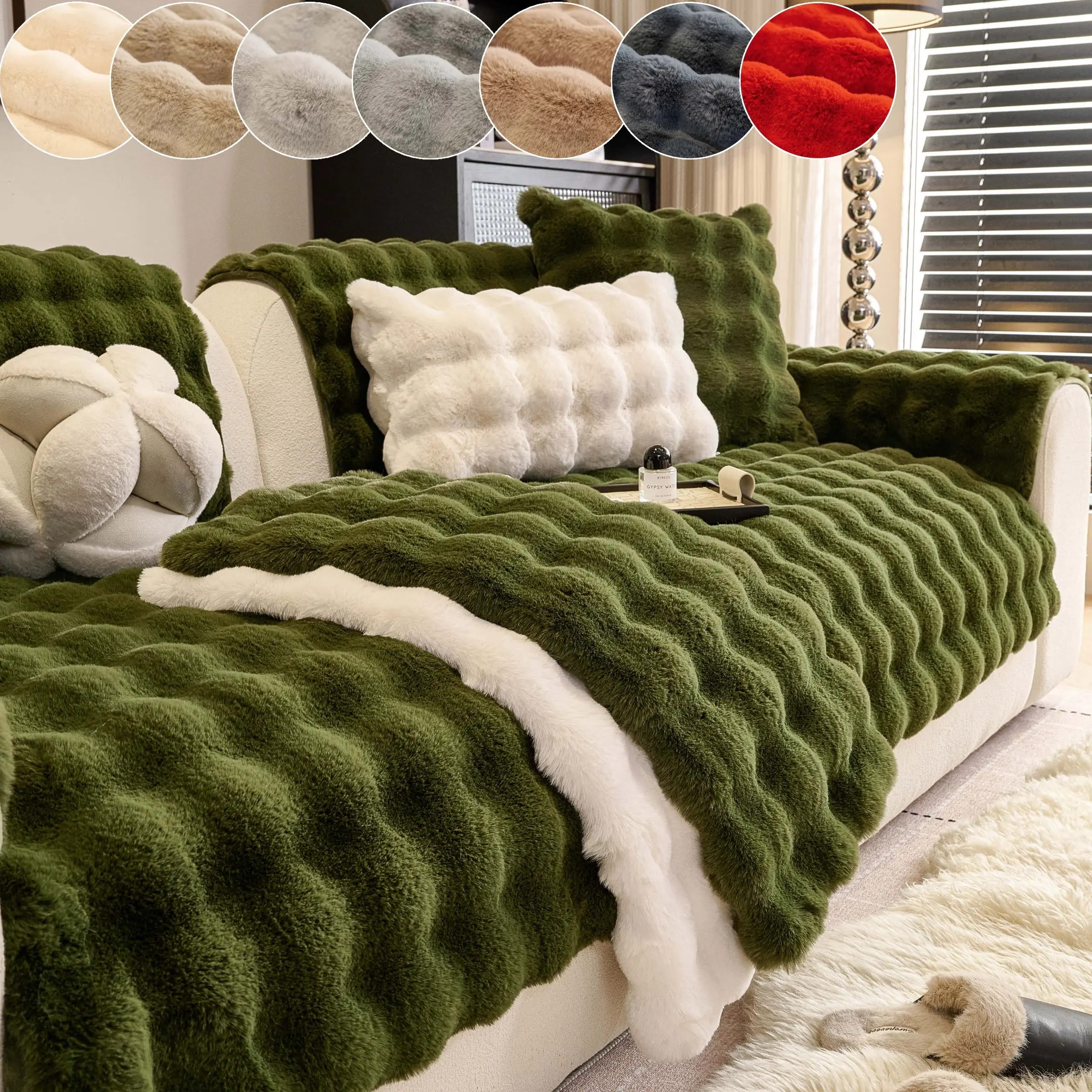 Fluffy Faux Fur Sofa Cover, Plush Couch Cover, Couch Covers For Sofa, Pet Friendly Non Slip, Thick Warm, Machine Washable Soft, Multiple Colors Living Room Decor