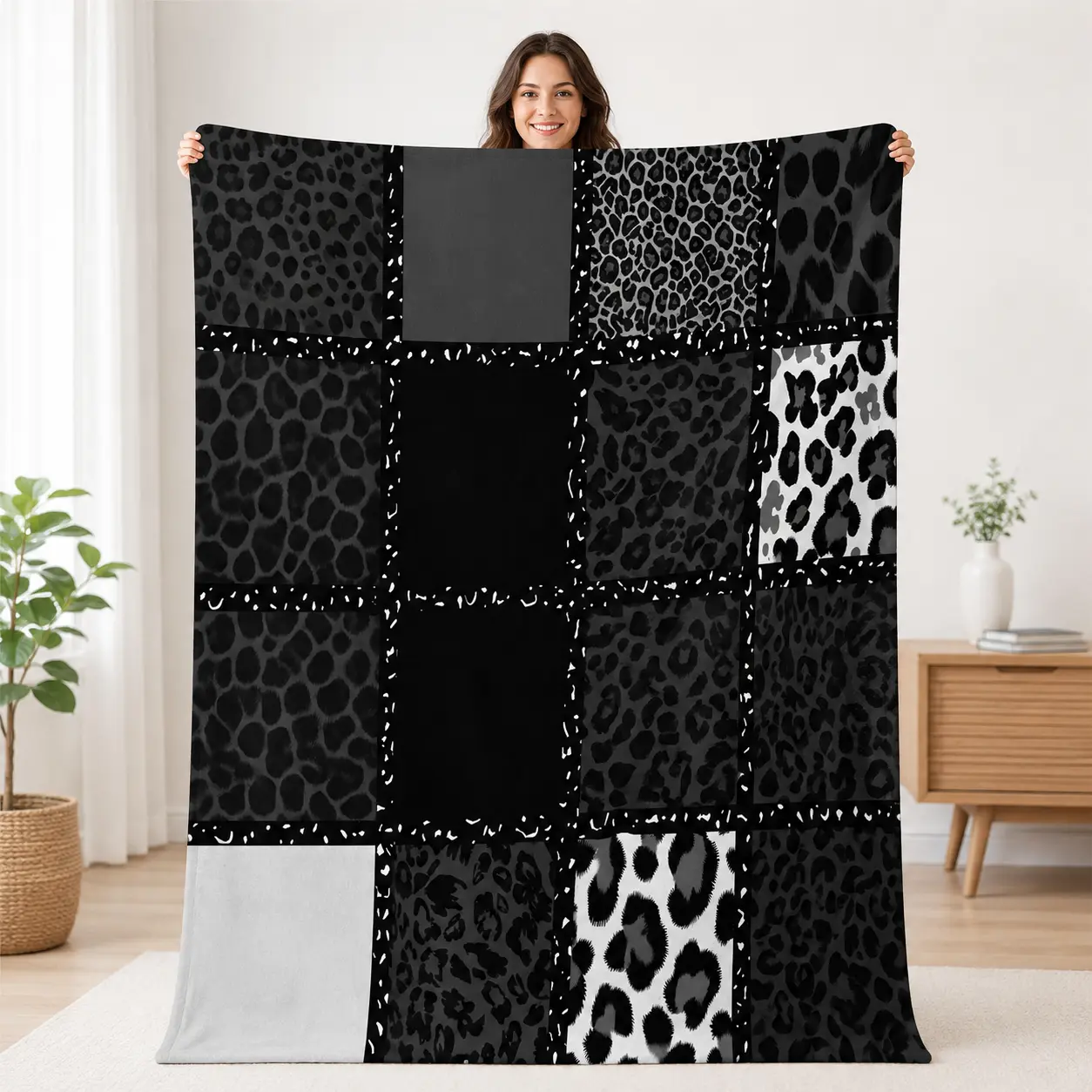 Black White Patchwork Leopard Soft Flannel Throw Blanket, Mixed Animal Print Art for Modern Bedrooms and Stylish Lounges, Cozy Sofa Accent for Couch Naps & Birthday Holiday Gift for Women, Men and Cheetah Zebra Aesthetic Lovers