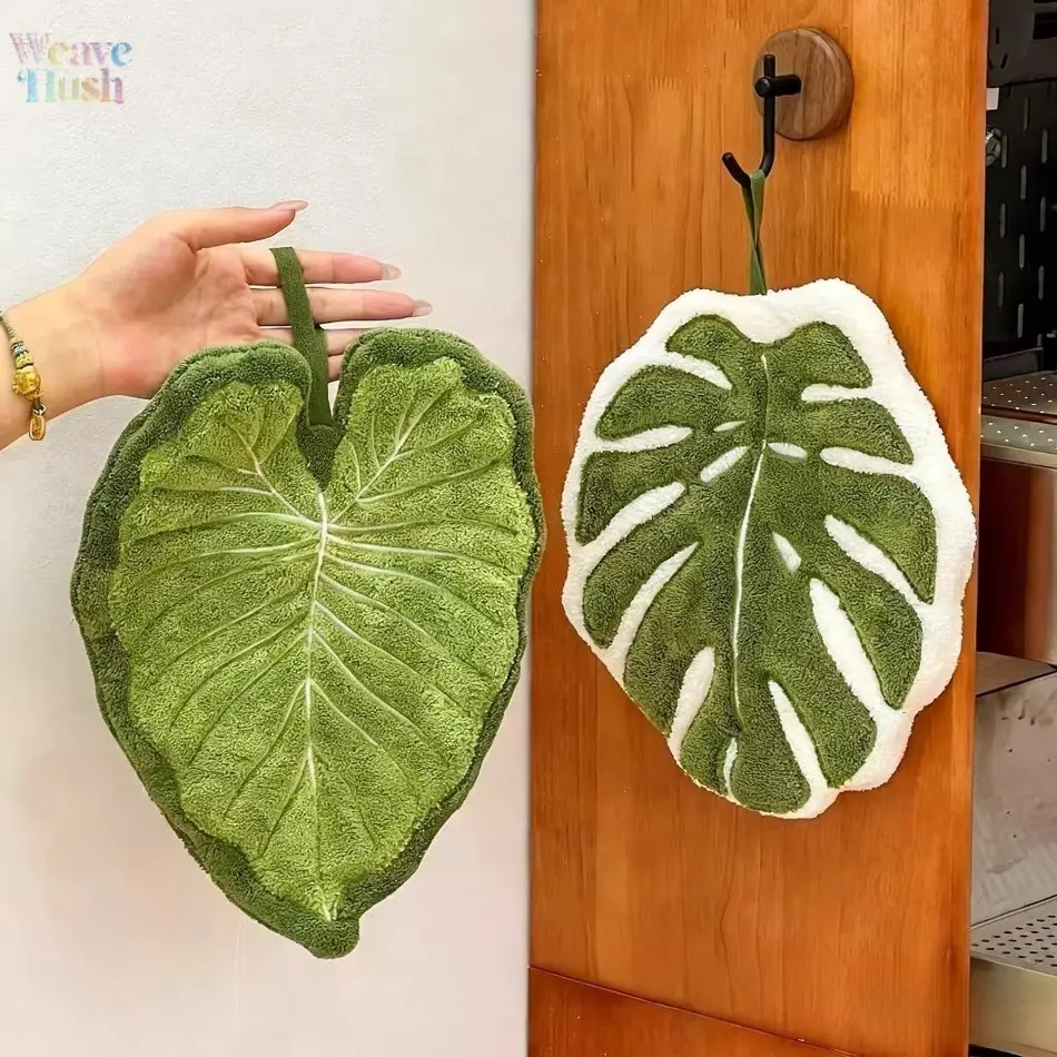 Botanical Arum Leaf-Shaped Hanging Hand Towel - Super Absorbent Soft Cotton, Lint-Free Reusable Portable for Home Kitchen, Indoor Recreation, Daily Cleaning, Indoor Use, Arum Leaves, Daily Home Cleaning, Plant Leaf, Plant Motifs