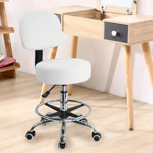 KKTONER Swivel Round Rolling Stool PU Leather with Adjustable Foot Rest Height Adjustable Task Work Drafting Chair with Back(White)
