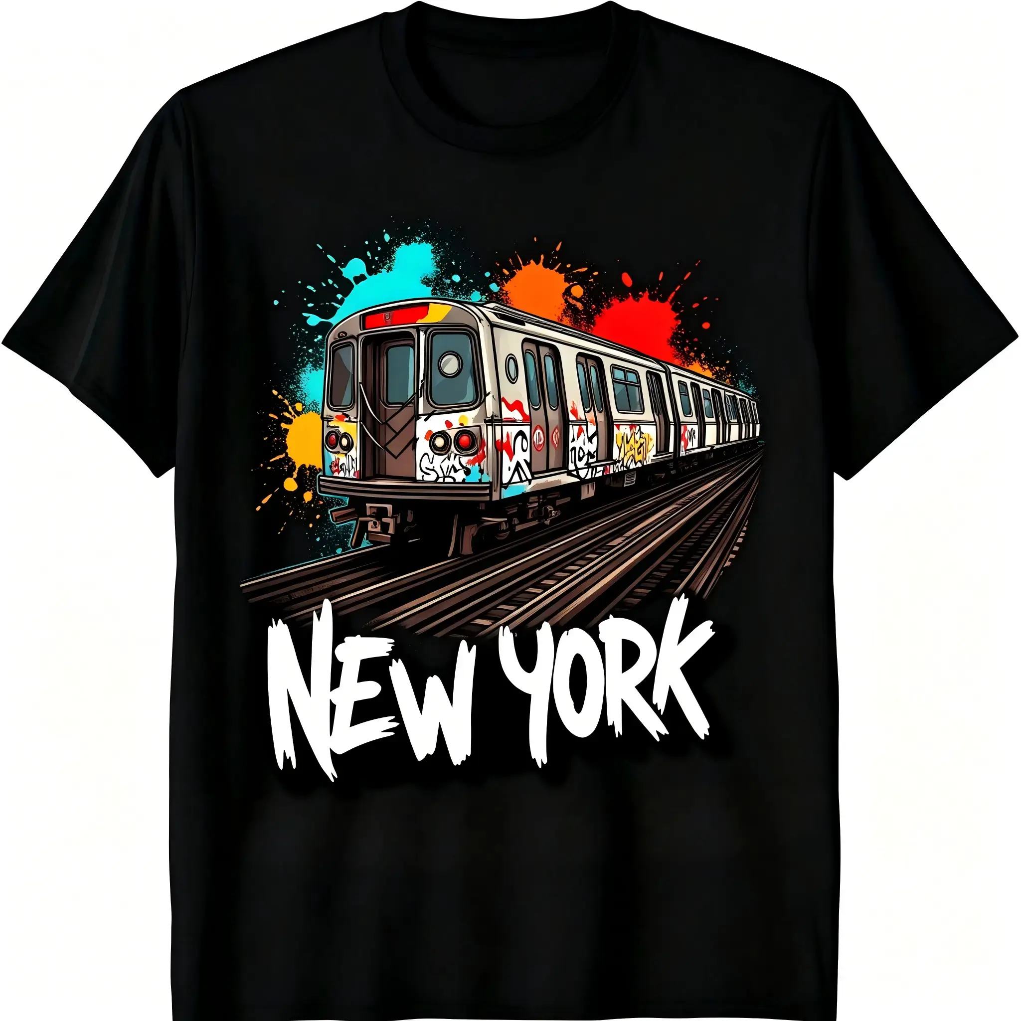 Men's & Women's NYC Graffiti Subway Train Street Art Tshirt - Color Splash Urban Graphic, Soft Breathable Cotton Round Neck Shortsleeve Top, All-Season Casual Street Style, NYC Souvenir Streetwear Gift, Machine Washable, Classic, Fabric, Print, Unisex, C