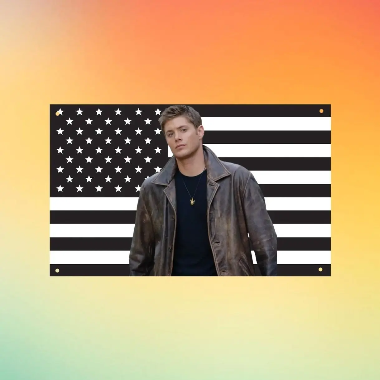 Dean Winchester Black USA Flag Wall Tapestry, Jensen Ackles Supernatural Wall Flag, Black American Flag, Hunter Room Decor