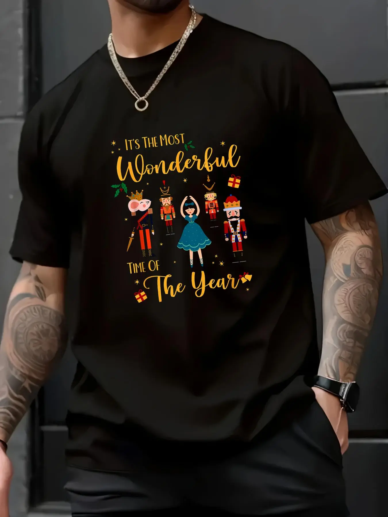 Unisex Casual T-Shirt with 'Wonderful Time' Nutcracker Ballet Graphic, 100% Cotton Loose Fit Short Sleeve Holiday Top, Streetwear, Menswear, Round Neck, Super Soft, Graphic Print