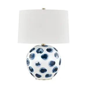Blue Point Table Lamp with Ceramic Body and Blue Dot Design, Crisp White Linen Shade
