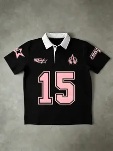 Trendy 15 Number Pink Accent, Contrast Collar, Graphic Polo Shirt - Oversized Fit With Button Placket, Featuring Pink Number "15" And Decorative Badges, Ideal For Daily Wear, Street Style Outings, Casual Hangouts - Unisex Polo