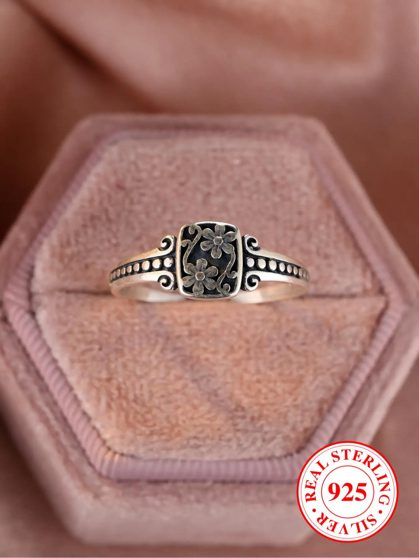 S925 Sterling Silver Vintage Flower Design Ring, Fashion Accessories for Both Men & Women, Trendy All-match & Exquisite Jewelry for Birthday Gift