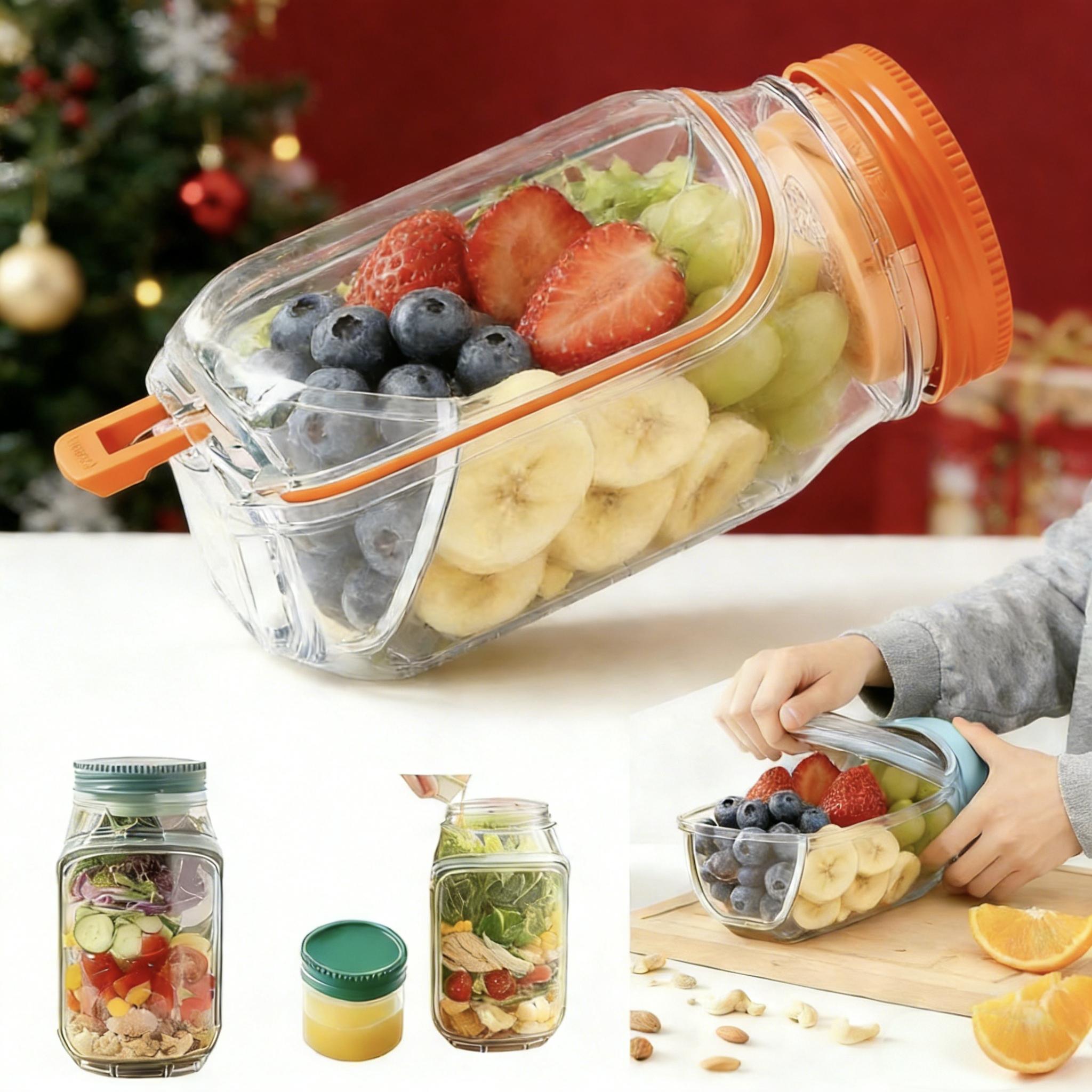 Oillase 1-Pack Side-Opening Salad Jar Utensil Set - Anti-Leak Portable Kitchen Plastic Preserving Container with Divider Sauce Cups & Lids, Dual-Use Design Doubles as Bowl for Office, Travel, Utensils, Salad Jars