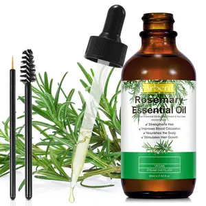 Rosemary Essential Oil- 60ml per box, 1 box per pack. Multi-purpose rosemary essential oil for skin care. Revitalizes the skin and makes sparse hair appear thicker. Suitable for skin, hair and body care.
