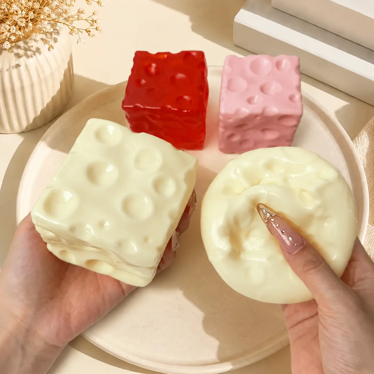 Cheese Cube Squishy Toy - Yellow, Pink, Red & Green, Soft Moldable Petroleum Jelly-Filled Squeeze Ball, 6cm/7cm Squishy Fidgets ASMR Stress Relief Toy for Ages 12+, Unisex Anxiety Relief Sensory Toy