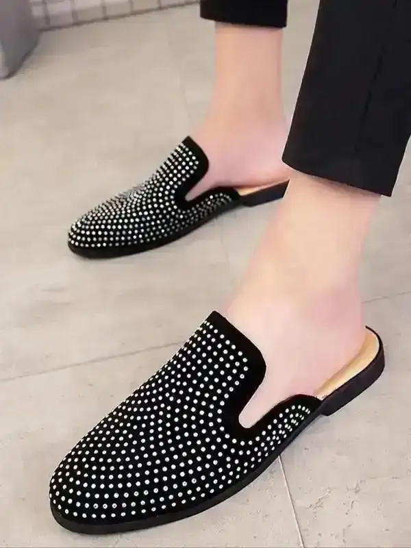Men Fashionable Rhinestone Decorated Slides Casual Comfortable PU Leather Slippers Indoor Outdoor Wear Male All Match Daily Walking Beach Pool 2026 Durable Stylish Breathable Mesh Up Staple Trendy Versatile responsive