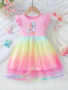 Girls' Fashion Unicorn Print Dress, Top with Colorful Mesh Skirt, Cute Casual Summer, Suitable for Ages 1-8