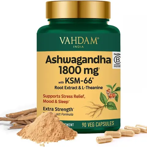 VAHDAM Ashwagandha Capsules - 1800mg Root Extract with L-Theanine, Ayurvedic Dietary Supplement for Adults, Stress Relief & Sleep Support, 90 Vegetarian Capsules, US Healthcare Bottle, Store in a cool & dry place & keep away from children