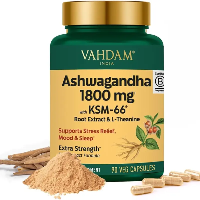 VAHDAM Ashwagandha Capsules - 1800mg Root Extract with L-Theanine, Ayurvedic Dietary Supplement for Adults, Stress Relief & Sleep Support, 90 Vegetarian Capsules, US Healthcare Bottle, Store in a cool & dry place & keep away from children