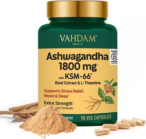 VAHDAM Natural Ashwagandha Botanical Dietary Supplement Pack, 1800mg Ashwagandha Root Extract with L-Theanine, Natural Herbal Capsules (90 Count) – Stress Calm & Wellness Sleep Supplement for Stress Relief Support
