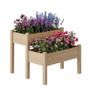 Two-Tier Wooden Raised Garden Bed with Legs, Elevated Planter Box with Drainage Holes for Patio Garden