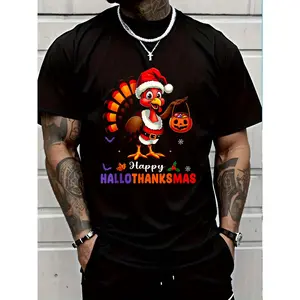 100% Cotton Happy Hallothanksmas Shirt Halloween Thanksgiving Christmas T-Shirt Unisex Premium Soft Comfort Crew Tee Undershirts Plus Size Oversized T-Shirt
