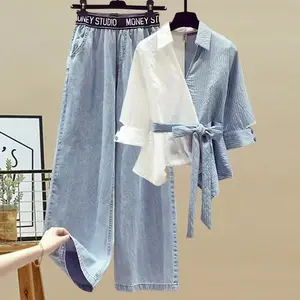 Matching sets women  2 Piece Sets for Women, Plus Size Spring Outfit for Women, Patchwork Fake Two-Piece Shirt, Slimming Jeans Womenswear Minimalist