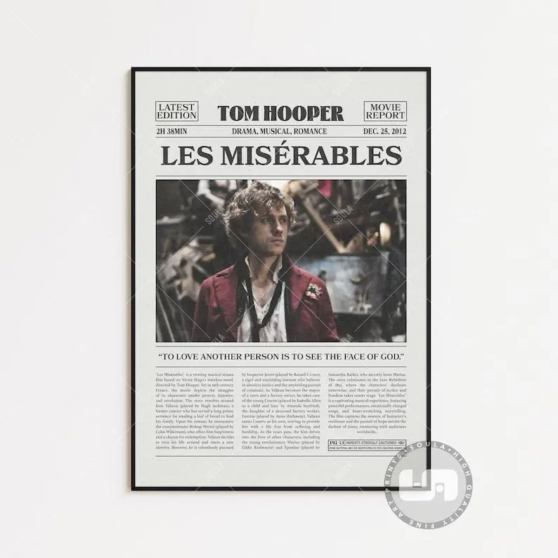 Les Misérables Poster, Tom Hooper, Retro Newspaper Movie Poster, Black White Wall Art, Vintage Retro Art Print