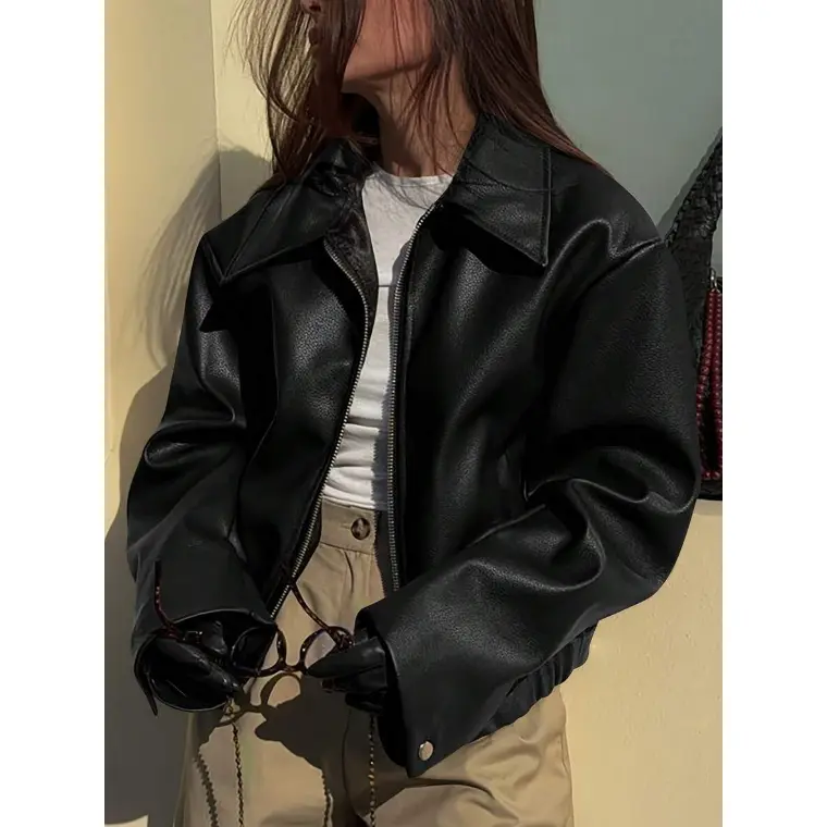GRL 2026 Women Lapel Collar Oversized Long Sleeve Leather JacketAll-Season Versatile Style,Match With Leather Gloves For Looks In Autumn And Winter