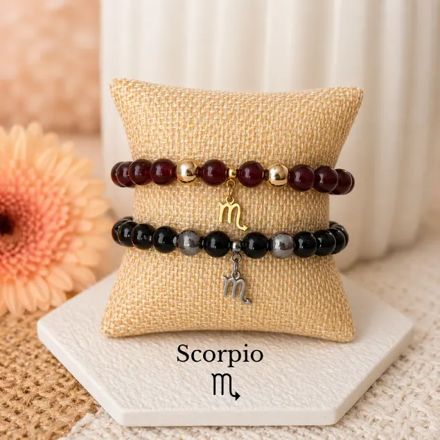 Scorpio Zodiac Bracelet Black Obsidian Garnet Hematite | Protection Strength Transformation | Crystal Jewelry Gift