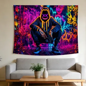 Graffiti Hoodie Guy Neon Nightglow Tapestry - UV Blacklight Wall Hanging Cyberpunk Street Art Style Suitable for Home Decor Valentine's Day Easter St.Patrick's Day Halloween Christmas and Other Festival Decorations.