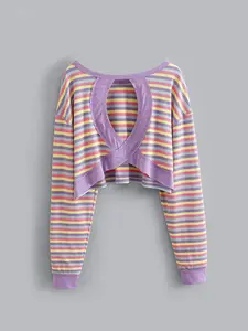Women's Fashion Fall Winter Hollow Out Striped Lightweight Knit Sweater, Casual Long Sleeve Backless Gym Top, Fitted Style for Fitness Wear, Sweater Tops