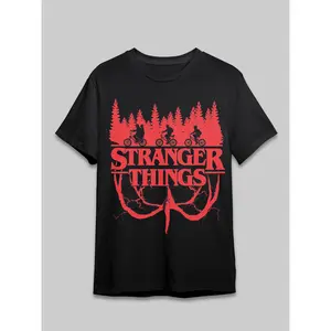 Black Short-Sleeve Tee with red Text & Biking Silhouette Graphic - Bold Red Demogorgon Print, Nostalgic TV-Themed Top for Casual Style Enthusiasts