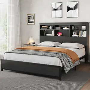 Gaomon Full Size Bed Frame with Bookcase Headboard, 2-Tier Storage Platform, Built-In Charging Port, Steel Slats, No Box Spring Needed, Easy-to-Assemble Black Mattress Foundation