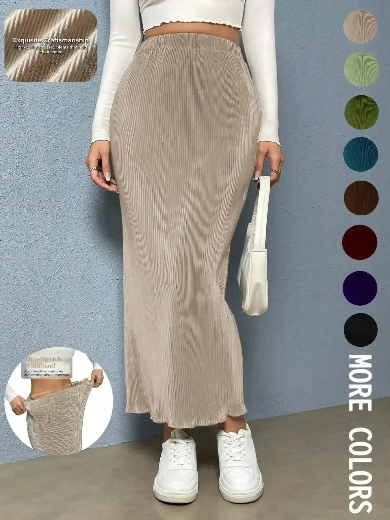 Elastic Waist Pencil Skirt, Press Pleat Smooth Comfort Feel, All-Season Wear, High Waistline and Hip Fit, Casual Basic Minimalist Women's Fashion Skirt, High Waisted Stretch Yoga Pants Ladies Top versatile piece